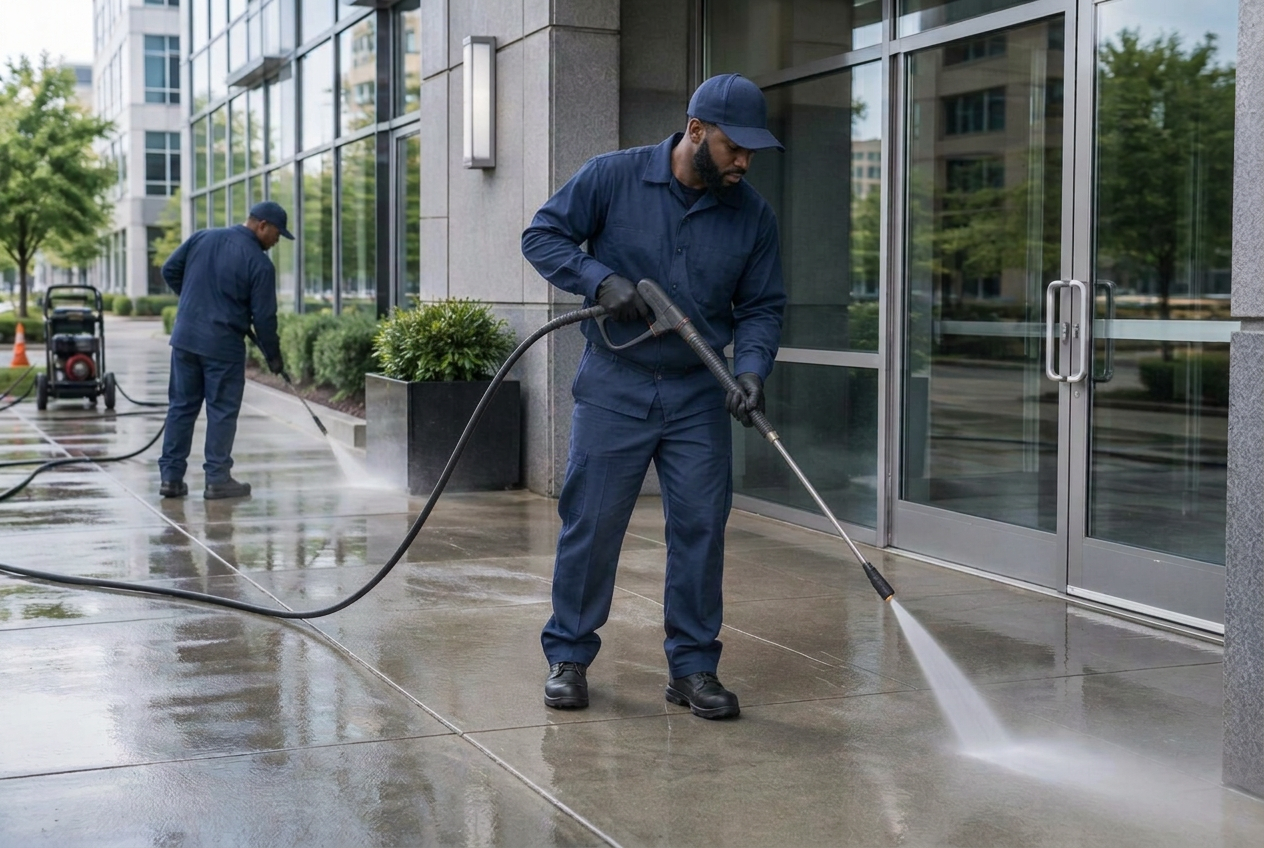 Illustrative photo: Workers pressure washing a commercial building sidewalk