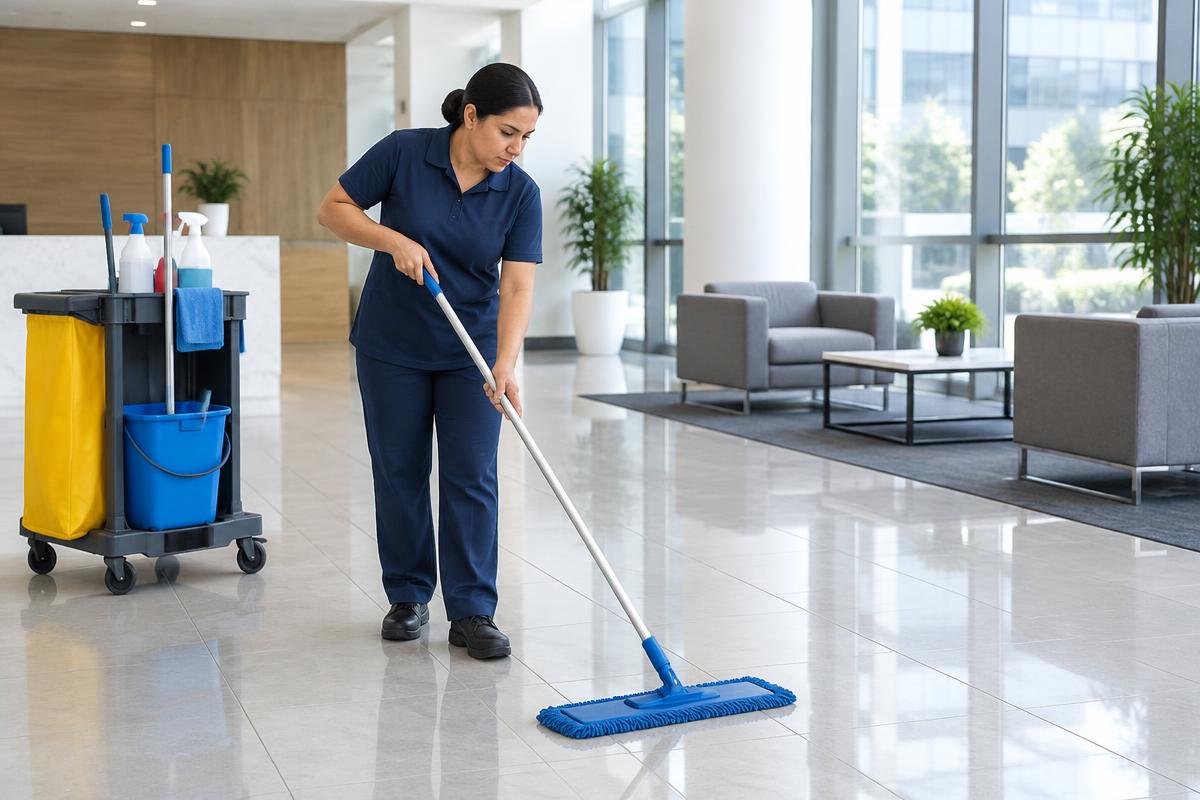 Illustrative photo: Cleaner mopping an office lobby floor