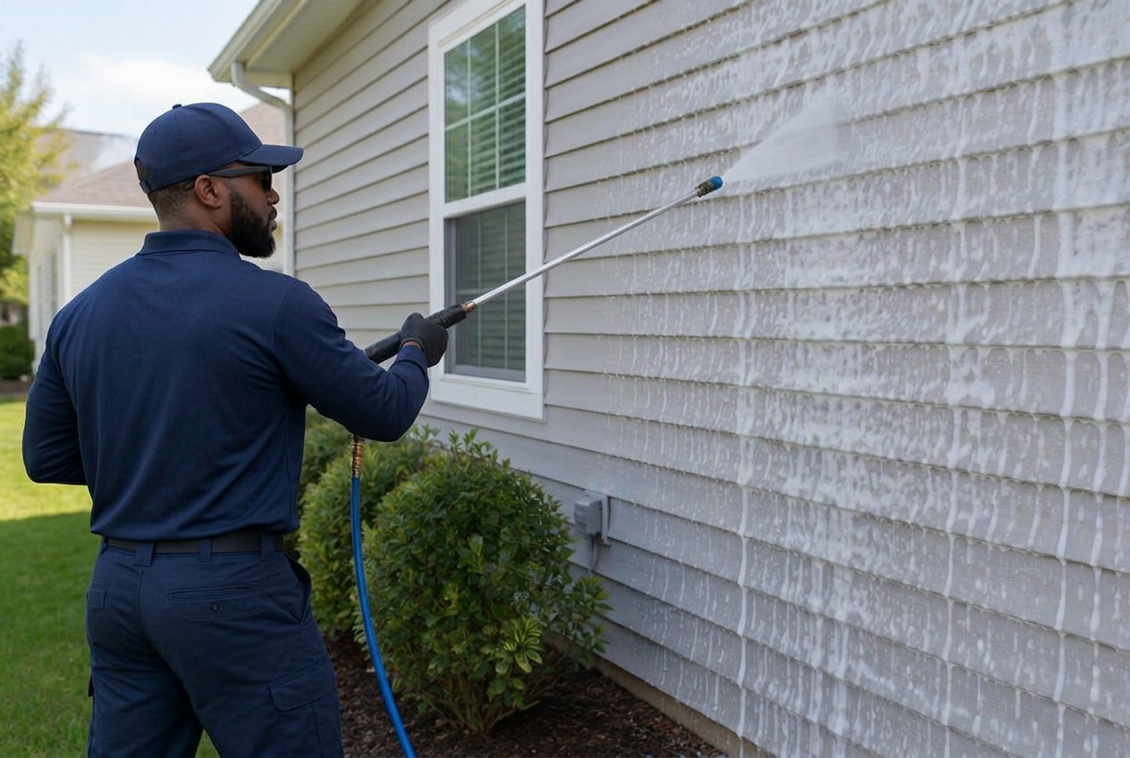 Illustrative photo: Worker soft-washing vinyl house siding